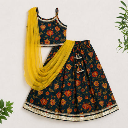 The Magic Wand Cambric Woven Laced Floral Printed Choli And Lehenga Set With Dupatta - Teal Blue