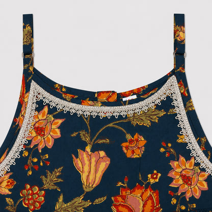 The Magic Wand Cambric Woven Laced Floral Printed Choli And Lehenga Set With Dupatta - Teal Blue