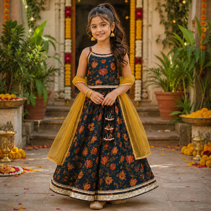The Magic Wand Cambric Woven Laced Floral Printed Choli And Lehenga Set With Dupatta - Teal Blue