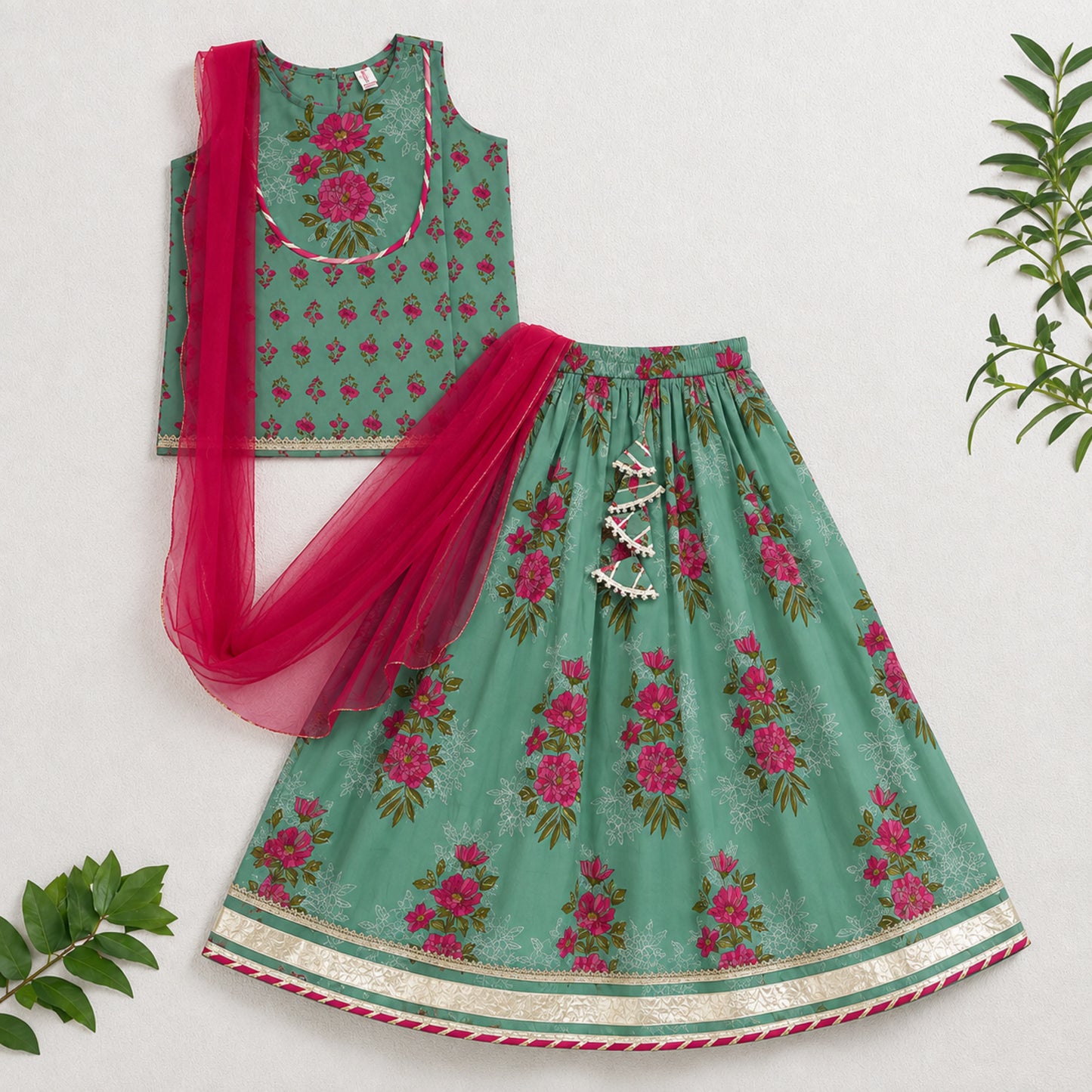 The Magic Wand Cambric Woven Laced Floral Printed Choli And Lehenga Set With Dupatta - Sea Green