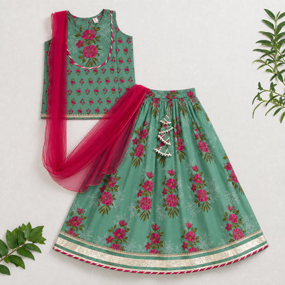 The Magic Wand Cambric Woven Laced Floral Printed Choli And Lehenga Set With Dupatta - Sea Green