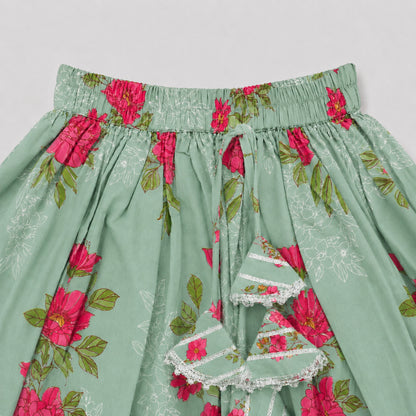 The Magic Wand Cambric Woven Laced Floral Printed Choli And Lehenga Set With Dupatta - Sea Green