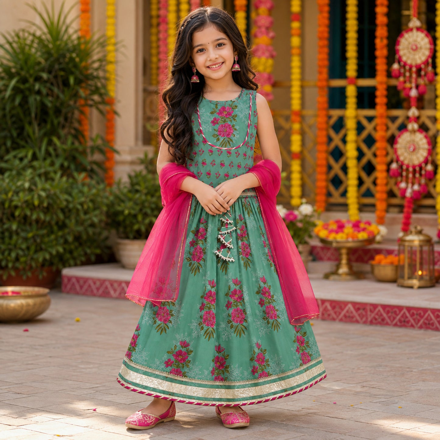 The Magic Wand Cambric Woven Laced Floral Printed Choli And Lehenga Set With Dupatta - Sea Green