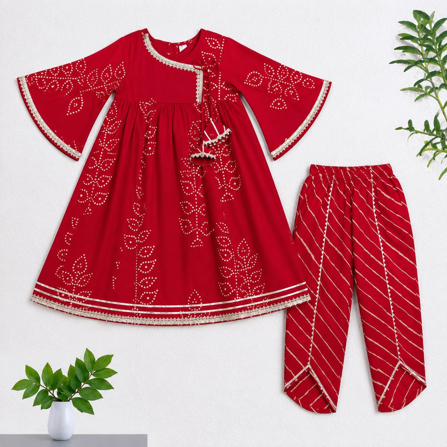 The Magic Wand Cambric Woven Bell Sleeves Bandhani Gathered Kurta And Tulip Pant Set - Red