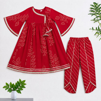 The Magic Wand Cambric Woven Bell Sleeves Bandhani Gathered Kurta And Tulip Pant Set - Red