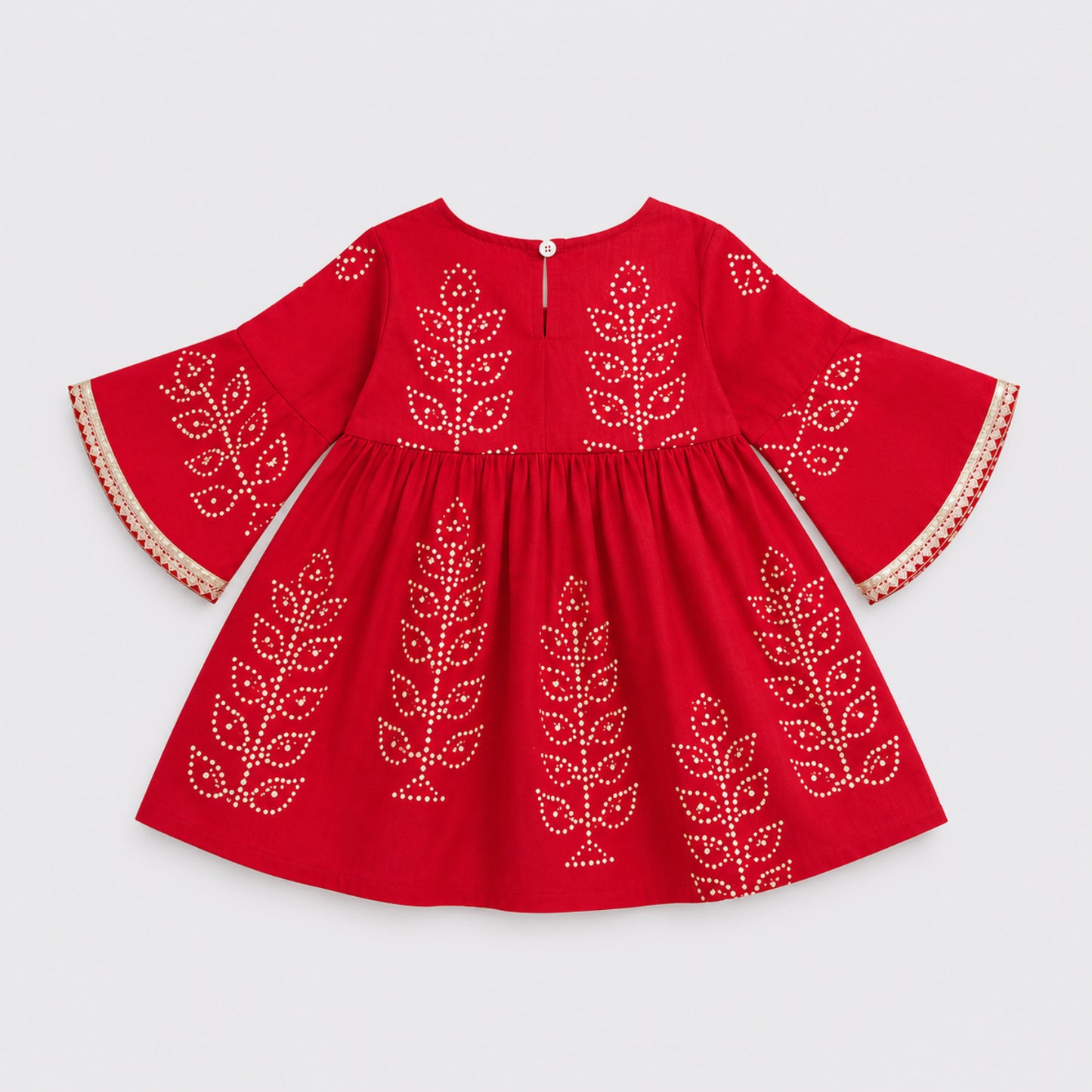 The Magic Wand Cambric Woven Bell Sleeves Bandhani Gathered Kurta And Tulip Pant Set - Red