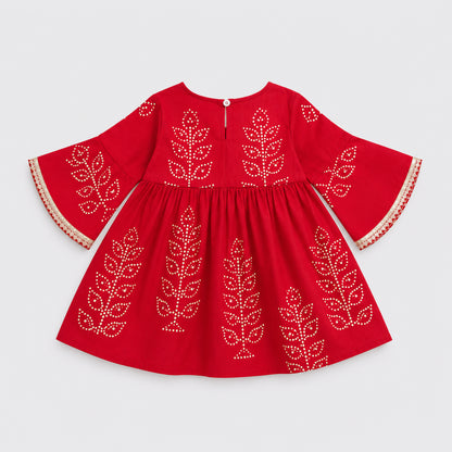 The Magic Wand Cambric Woven Bell Sleeves Bandhani Gathered Kurta And Tulip Pant Set - Red
