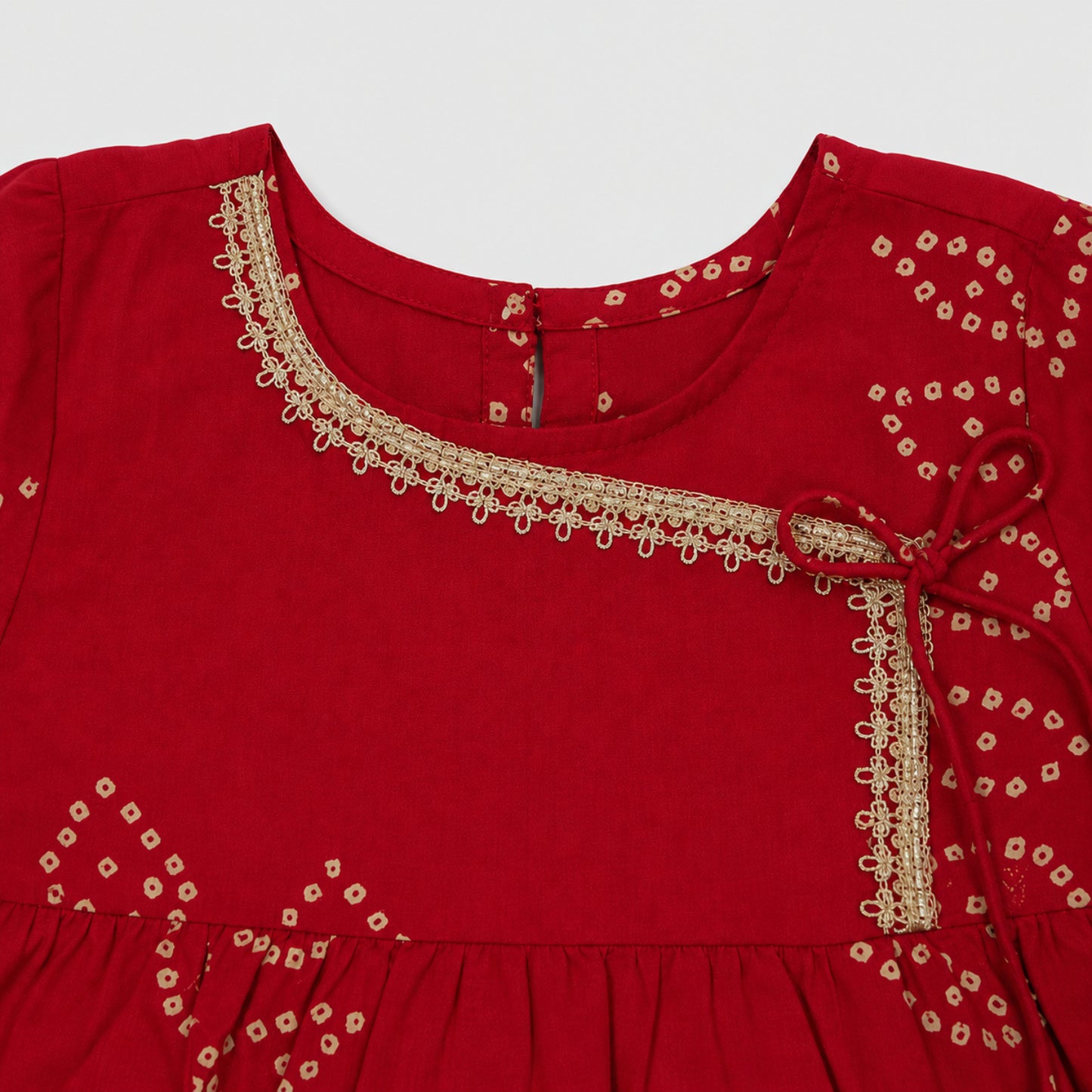 The Magic Wand Cambric Woven Bell Sleeves Bandhani Gathered Kurta And Tulip Pant Set - Red