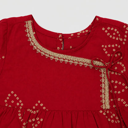 The Magic Wand Cambric Woven Bell Sleeves Bandhani Gathered Kurta And Tulip Pant Set - Red