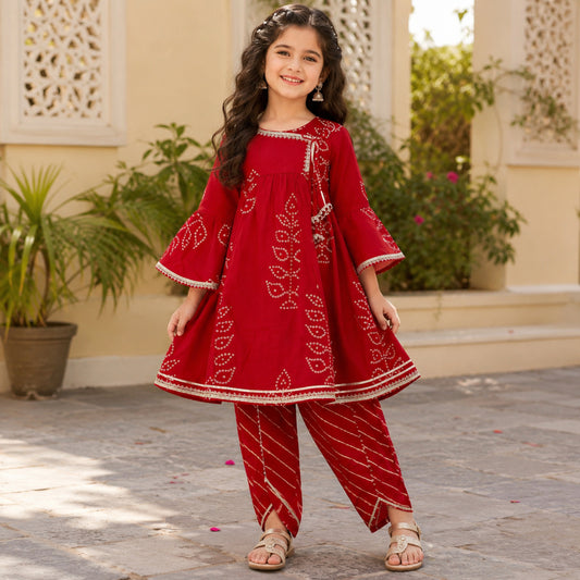 The Magic Wand Cambric Woven Bell Sleeves Bandhani Gathered Kurta And Tulip Pant Set - Red