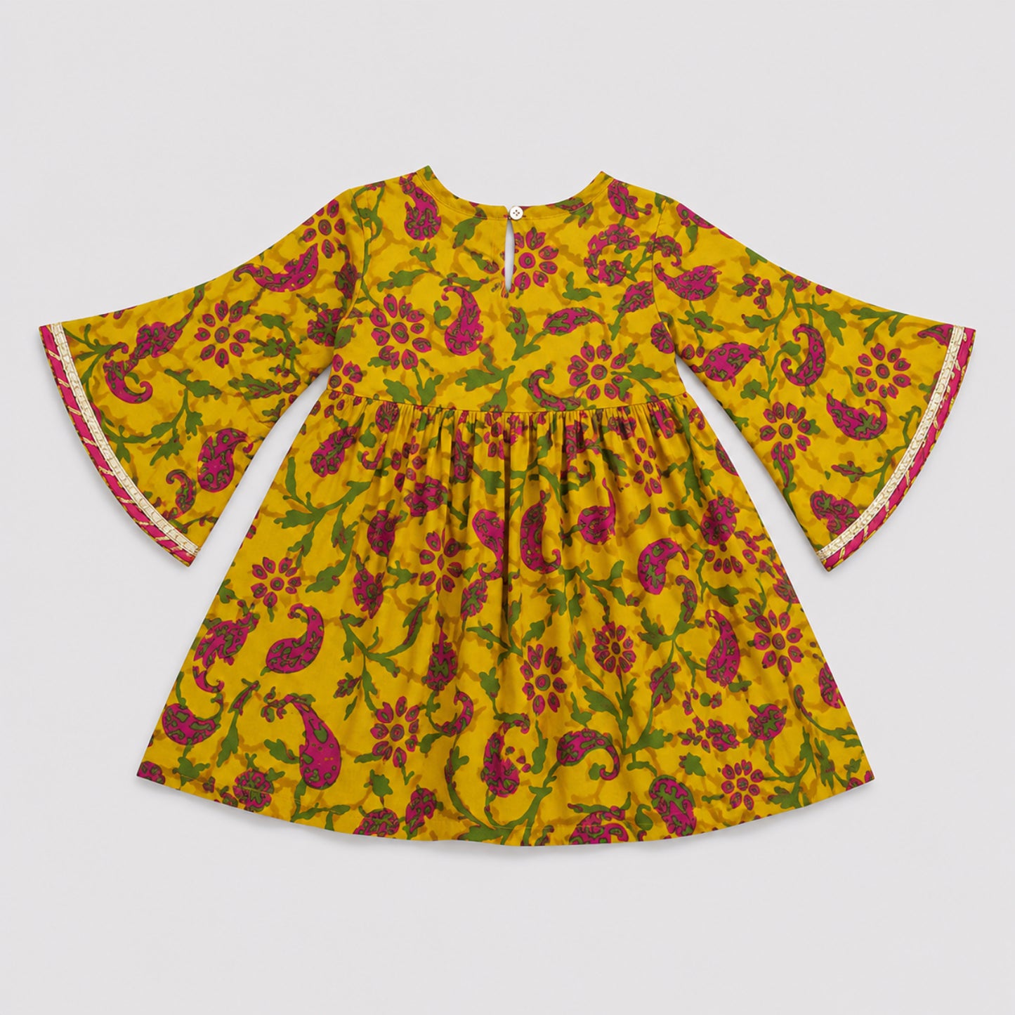 The Magic Wand Cambric Woven Bell Sleeves Floral Paisley Gathered Kurta And Tulip Pant Set - Yellow