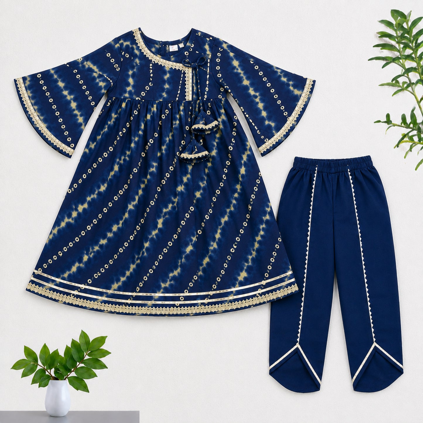 The Magic Wand Cambric Woven Bell Sleeves Bandhani Gathered Kurta And Tulip Pants Set - Navy Blue