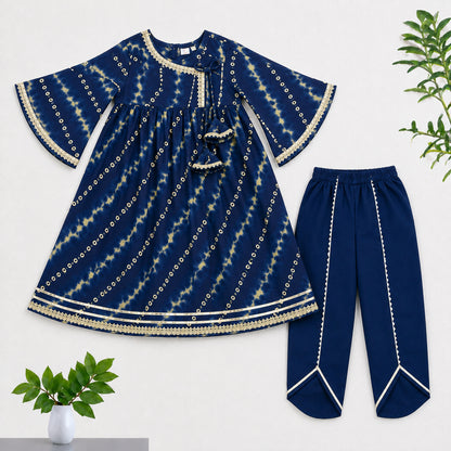 The Magic Wand Cambric Woven Bell Sleeves Bandhani Gathered Kurta And Tulip Pants Set - Navy Blue