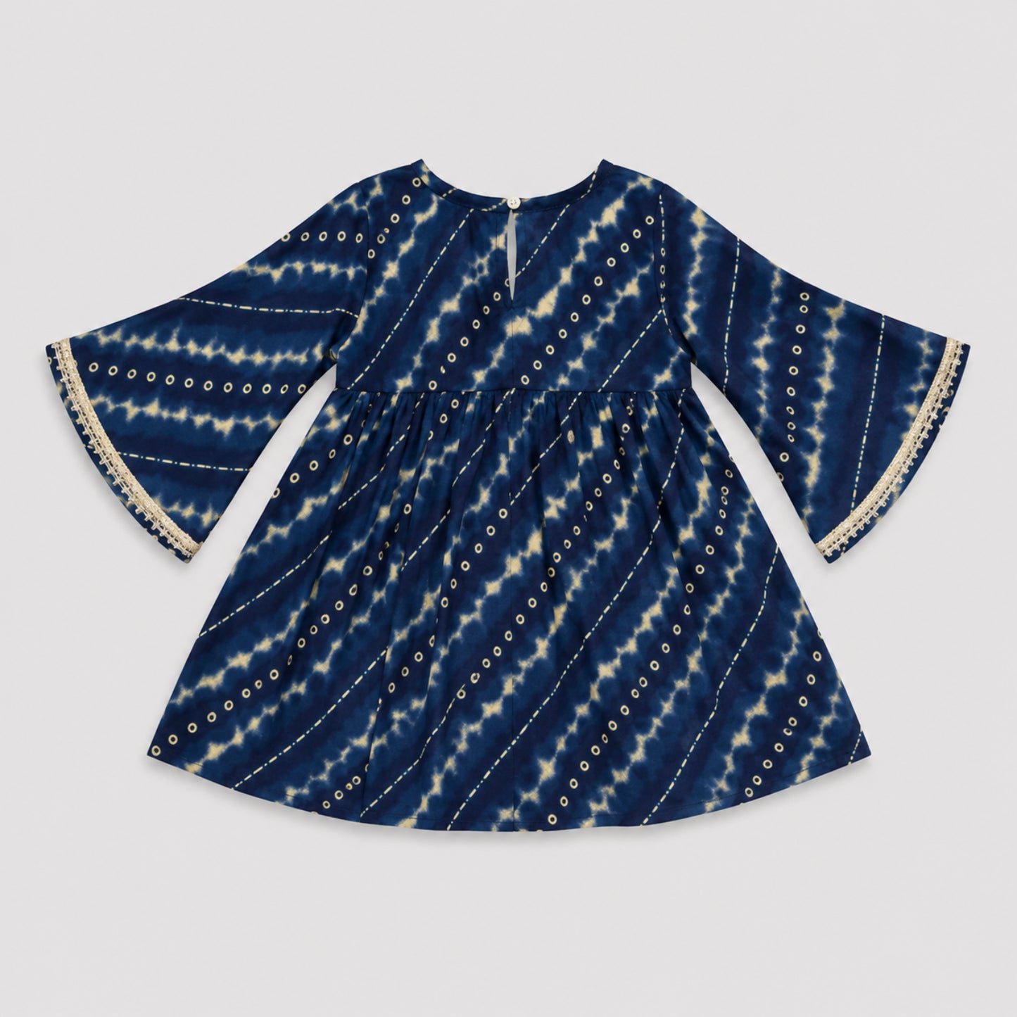 The Magic Wand Cambric Woven Bell Sleeves Bandhani Gathered Kurta And Tulip Pants Set - Navy Blue