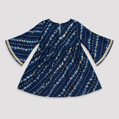 The Magic Wand Cambric Woven Bell Sleeves Bandhani Gathered Kurta And Tulip Pants Set - Navy Blue