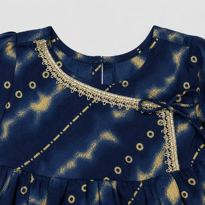 The Magic Wand Cambric Woven Bell Sleeves Bandhani Gathered Kurta And Tulip Pants Set - Navy Blue