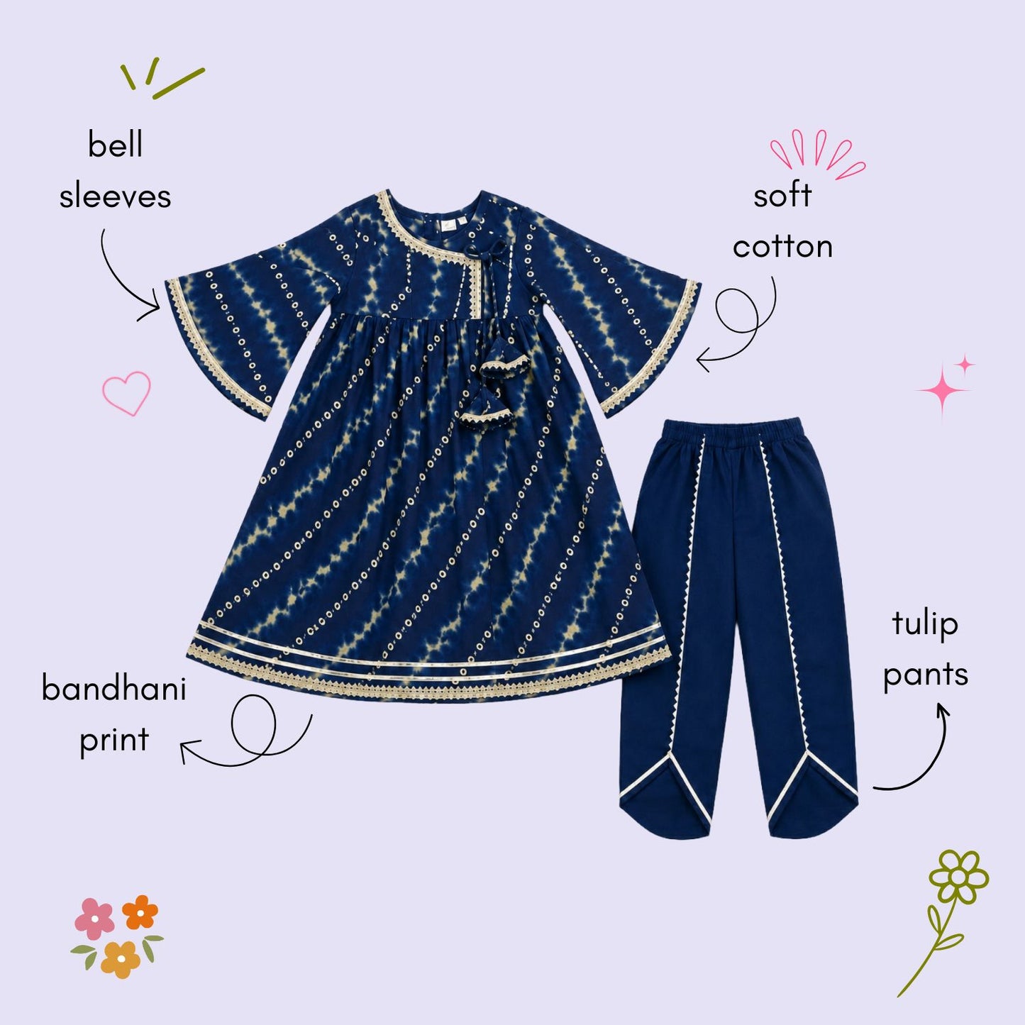 The Magic Wand Cambric Woven Bell Sleeves Bandhani Gathered Kurta And Tulip Pants Set - Navy Blue