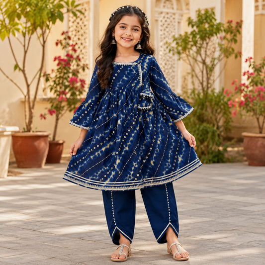 The Magic Wand Cambric Woven Bell Sleeves Bandhani Gathered Kurta And Tulip Pants Set - Navy Blue
