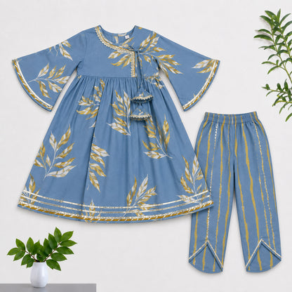 The Magic Wand Cambric Woven Bell Sleeves Leaf Printed Gathered Kurta And Tulip Pants Set - Blue