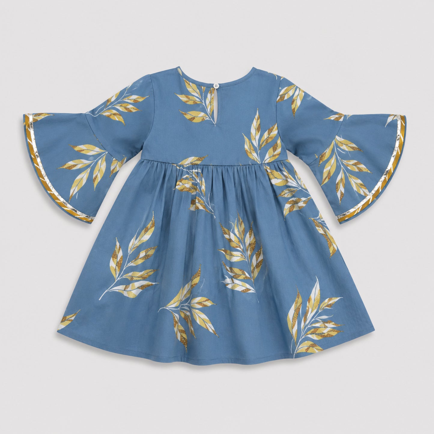 The Magic Wand Cambric Woven Bell Sleeves Leaf Printed Gathered Kurta And Tulip Pants Set - Blue