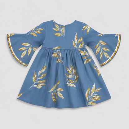 The Magic Wand Cambric Woven Bell Sleeves Leaf Printed Gathered Kurta And Tulip Pants Set - Blue