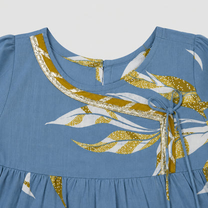 The Magic Wand Cambric Woven Bell Sleeves Leaf Printed Gathered Kurta And Tulip Pants Set - Blue