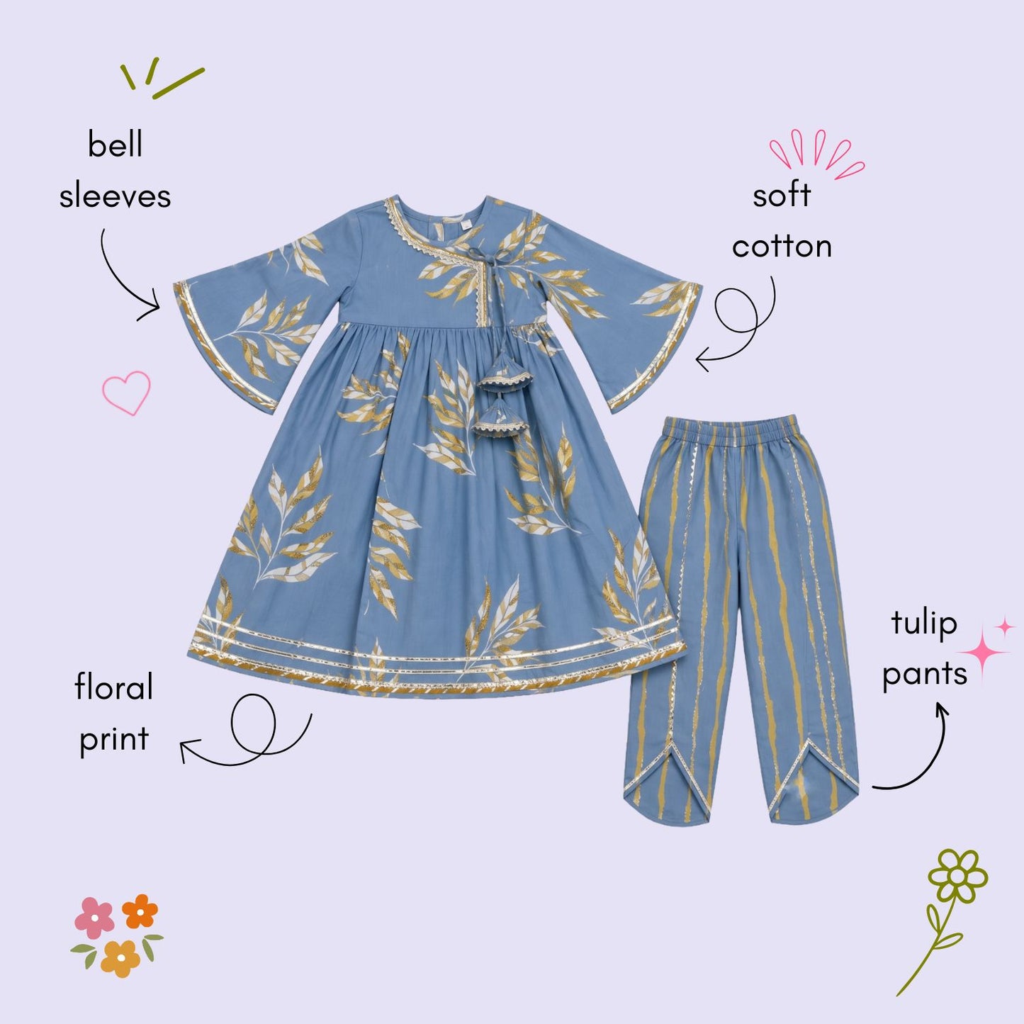 The Magic Wand Cambric Woven Bell Sleeves Leaf Printed Gathered Kurta And Tulip Pants Set - Blue