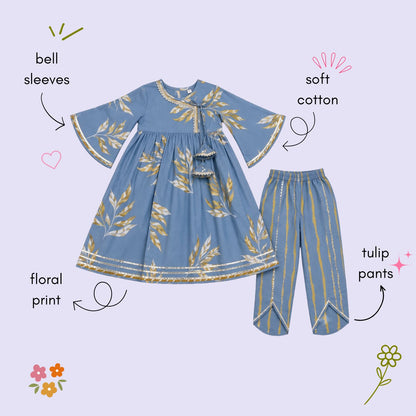 The Magic Wand Cambric Woven Bell Sleeves Leaf Printed Gathered Kurta And Tulip Pants Set - Blue