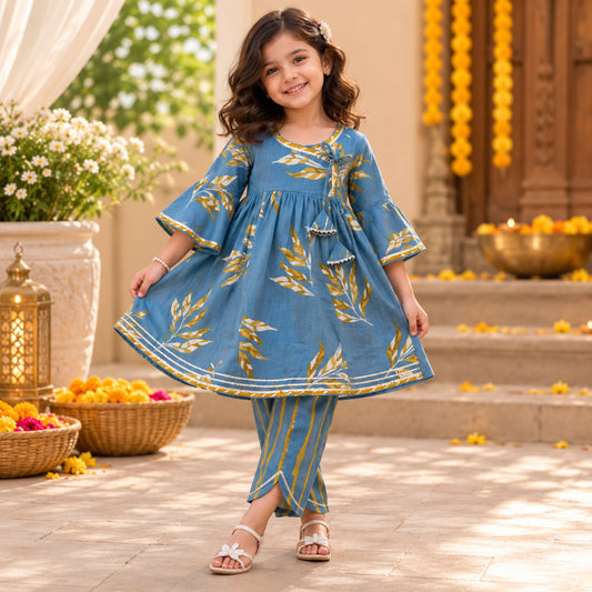 The Magic Wand Cambric Woven Bell Sleeves Leaf Printed Gathered Kurta And Tulip Pants Set - Blue