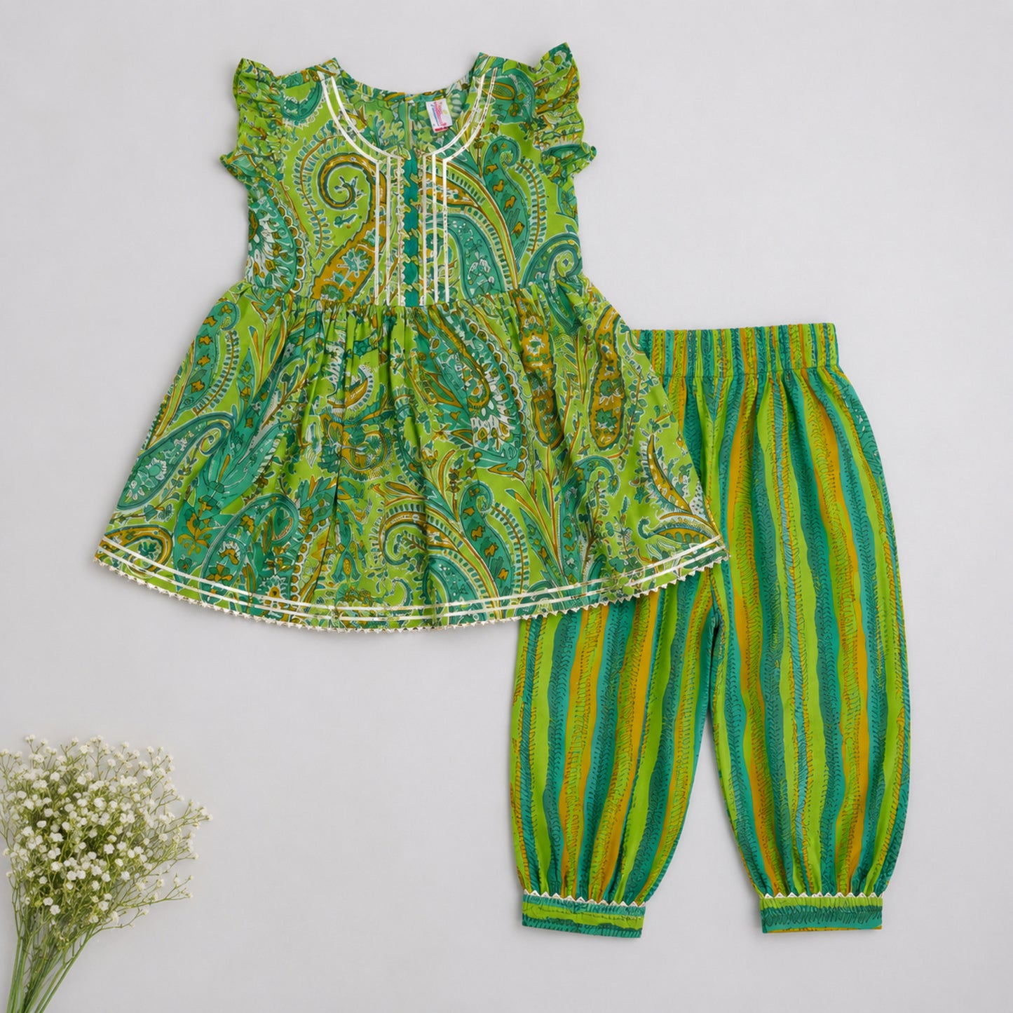 The Magic Wand Cambric Woven Paisley Printed Gathered Top And Afghani Pant Set - Green