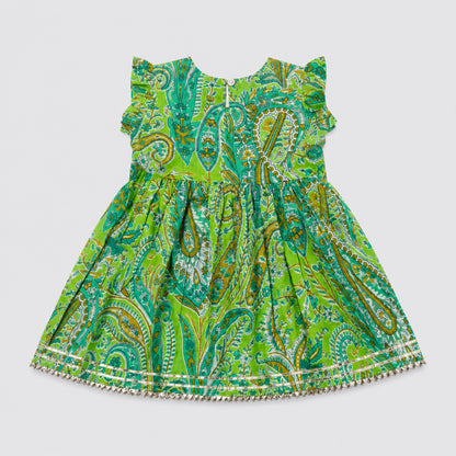 The Magic Wand Cambric Woven Paisley Printed Gathered Top And Afghani Pant Set - Green