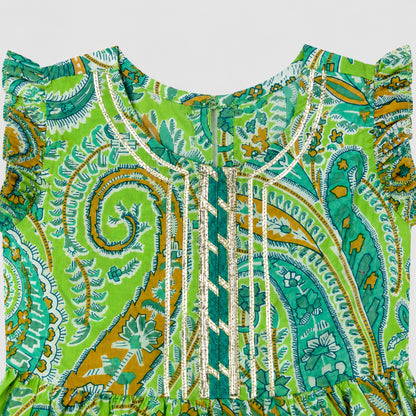 The Magic Wand Cambric Woven Paisley Printed Gathered Top And Afghani Pant Set - Green