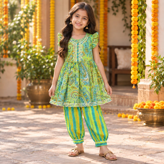 The Magic Wand Cambric Woven Paisley Printed Gathered Top And Afghani Pant Set - Green