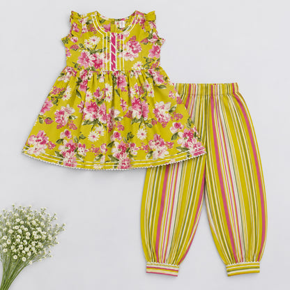 The Magic Wand Cambric Woven Floral Printed Gathered Top And Afghani Pant Set - Yellow