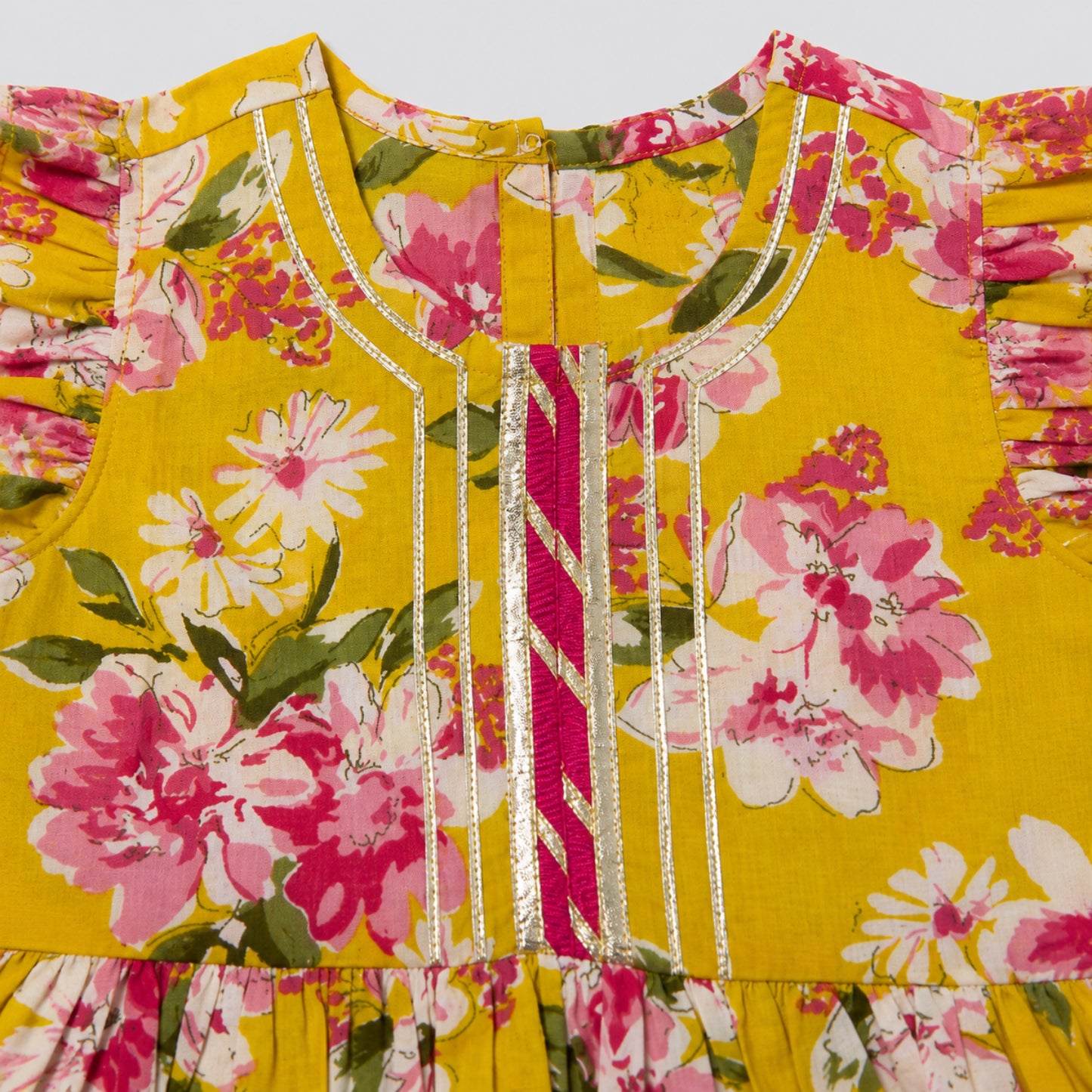 The Magic Wand Cambric Woven Floral Printed Gathered Top And Afghani Pant Set - Yellow