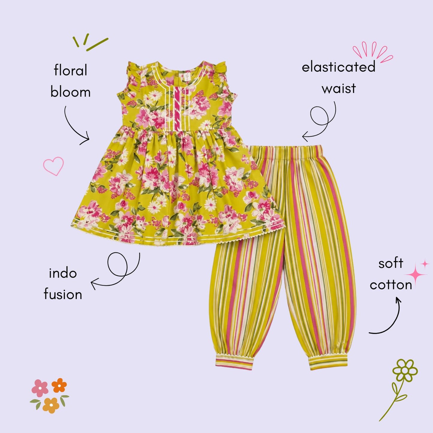 The Magic Wand Cambric Woven Floral Printed Gathered Top And Afghani Pant Set - Yellow
