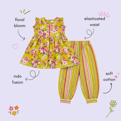 The Magic Wand Cambric Woven Floral Printed Gathered Top And Afghani Pant Set - Yellow