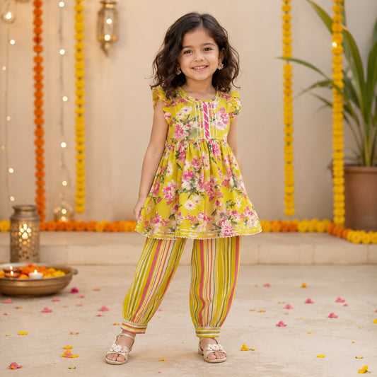 The Magic Wand Cambric Woven Floral Printed Gathered Top And Afghani Pant Set - Yellow