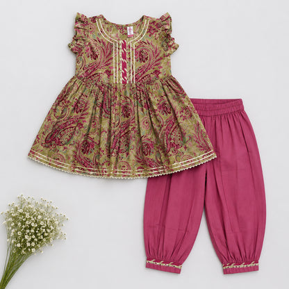 The Magic Wand Cambric Woven Floral Printed Gathered Top And Afghani Pant Set - Pink