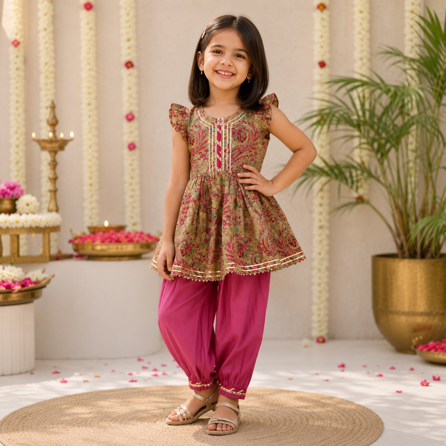 The Magic Wand Cambric Woven Floral Printed Gathered Top And Afghani Pant Set - Pink