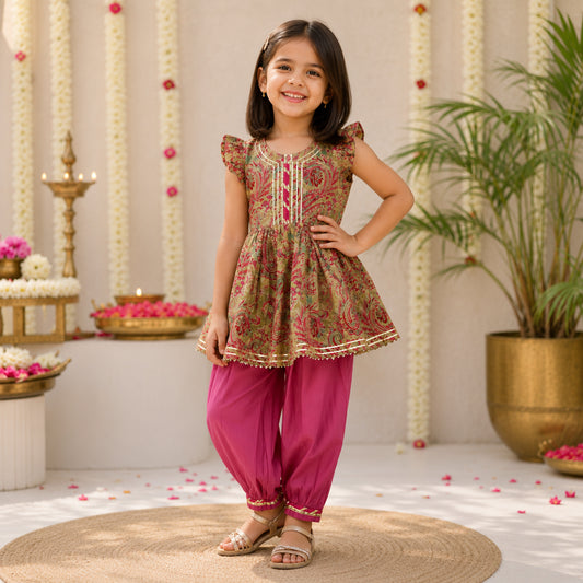 The Magic Wand Cambric Woven Floral Printed Gathered Top And Afghani Pant Set - Pink