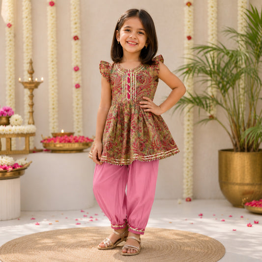 The Magic Wand Cambric Woven Floral Printed Gathered Top And Afghani Pant Set - Pink