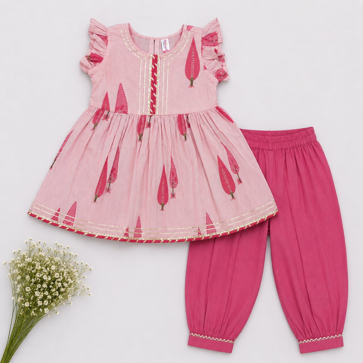 The Magic Wand Cambric Woven Buta Printed Gathered Top And Afghani Pant Set - Pink