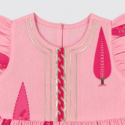 The Magic Wand Cambric Woven Buta Printed Gathered Top And Afghani Pant Set - Pink