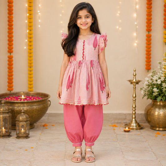 The Magic Wand Cambric Woven Buta Printed Gathered Top And Afghani Pant Set - Pink
