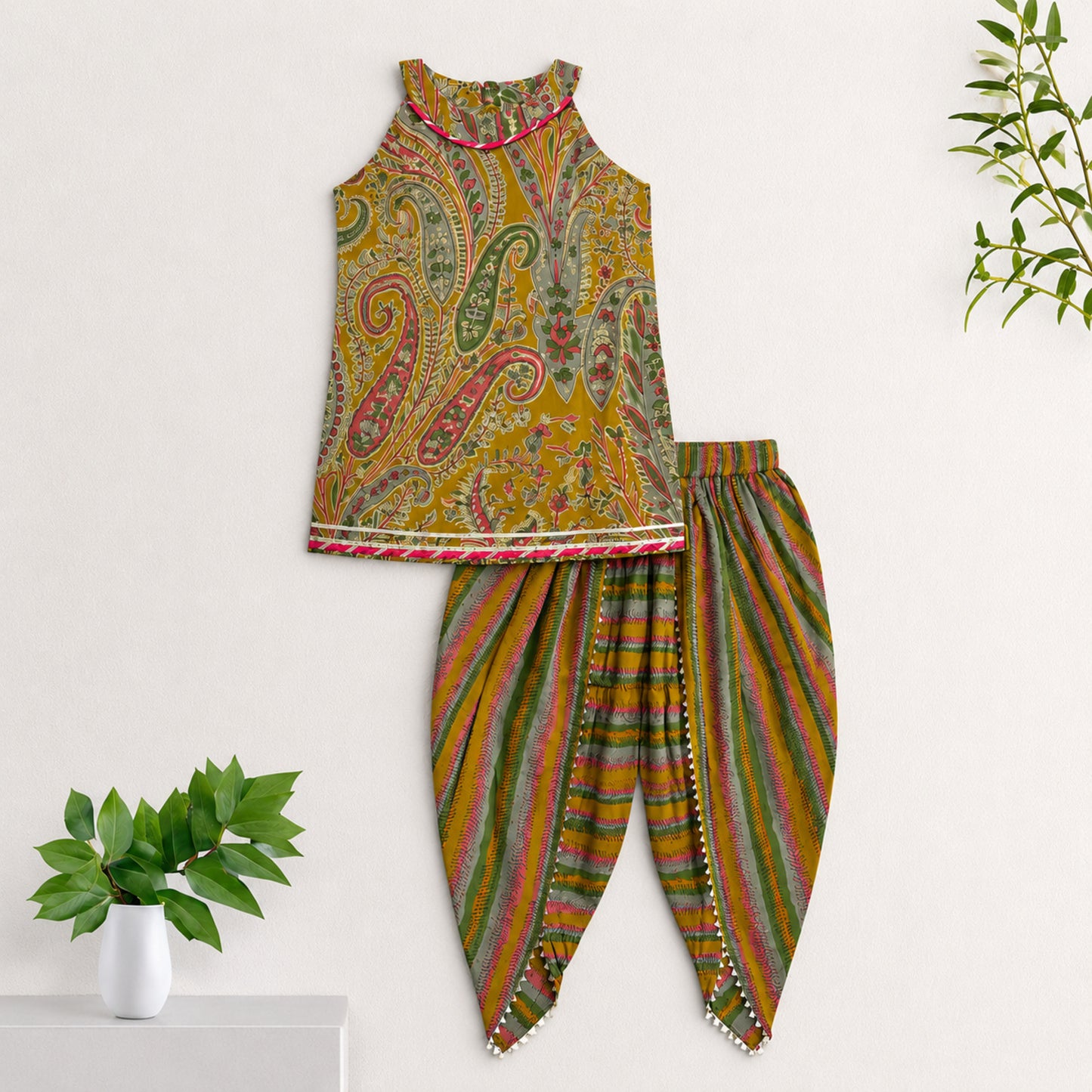 The Magic Wand Cambric Woven Paisley Incut Kurti And Stiped Dhoti Set - Mustard