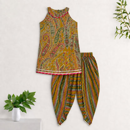 The Magic Wand Cambric Woven Paisley Incut Kurti And Stiped Dhoti Set - Mustard