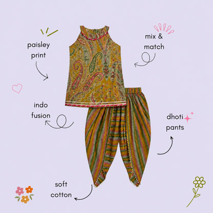 The Magic Wand Cambric Woven Paisley Incut Kurti And Stiped Dhoti Set - Mustard