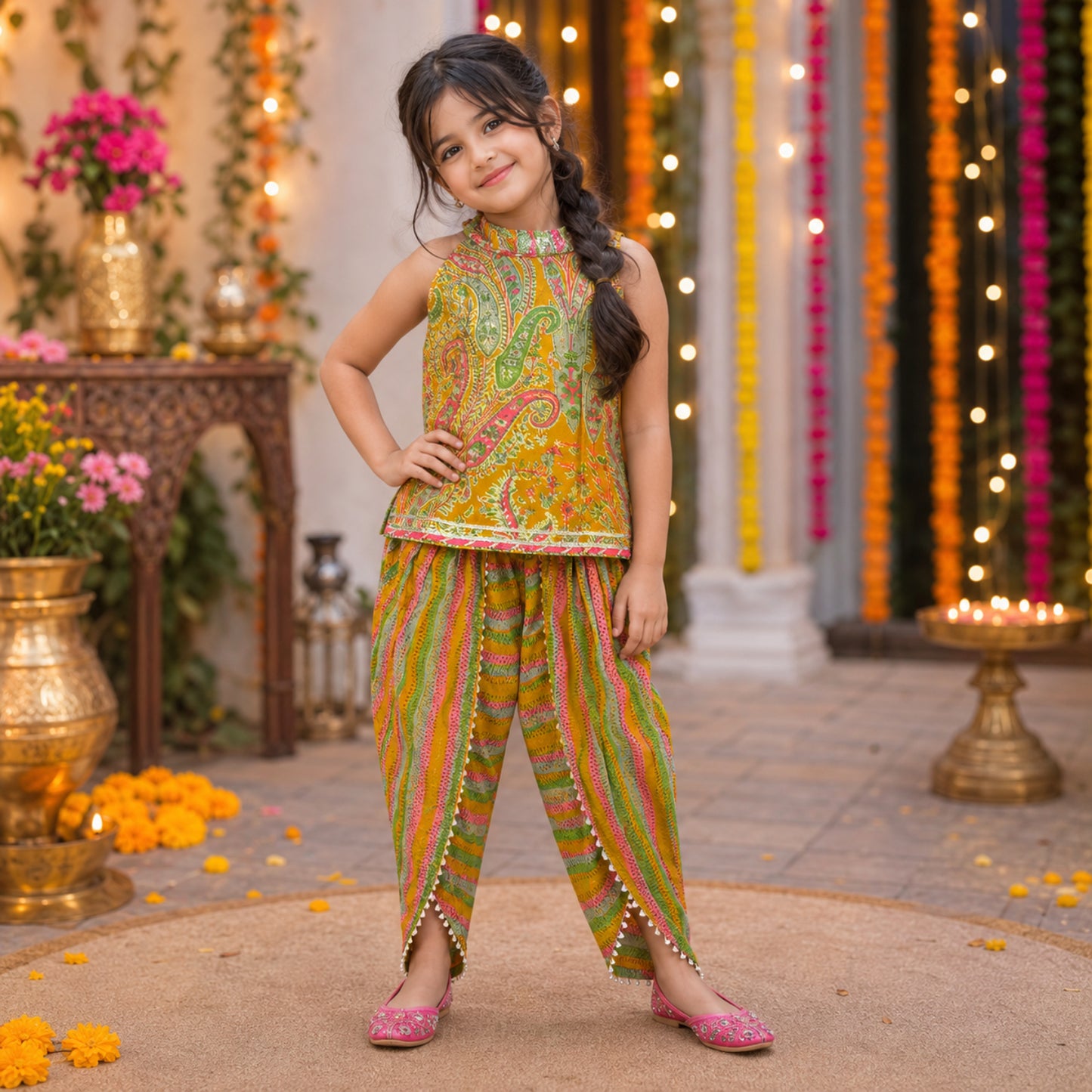The Magic Wand Cambric Woven Paisley Incut Kurti And Stiped Dhoti Set - Mustard