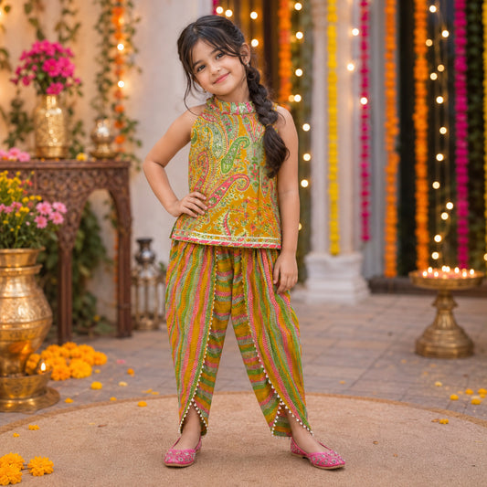 The Magic Wand Cambric Woven Paisley Incut Kurti And Stiped Dhoti Set - Mustard